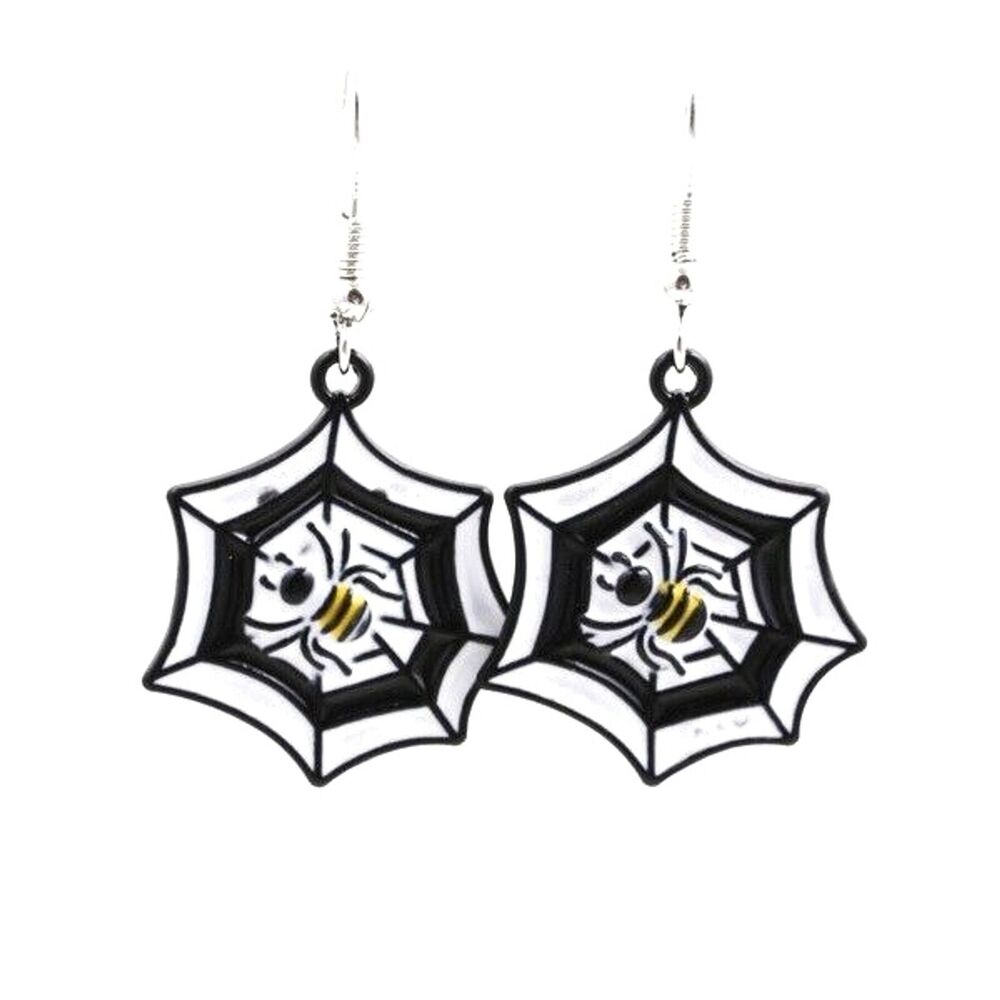 Halloween Earrings - Spider On Web Black and White - Party Costume Jewelry - 1"